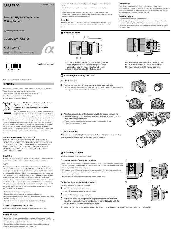 Mode d'emploi SONY SAL-70200G