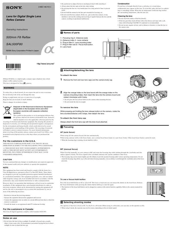 Mode d'emploi SONY SAL-500F80