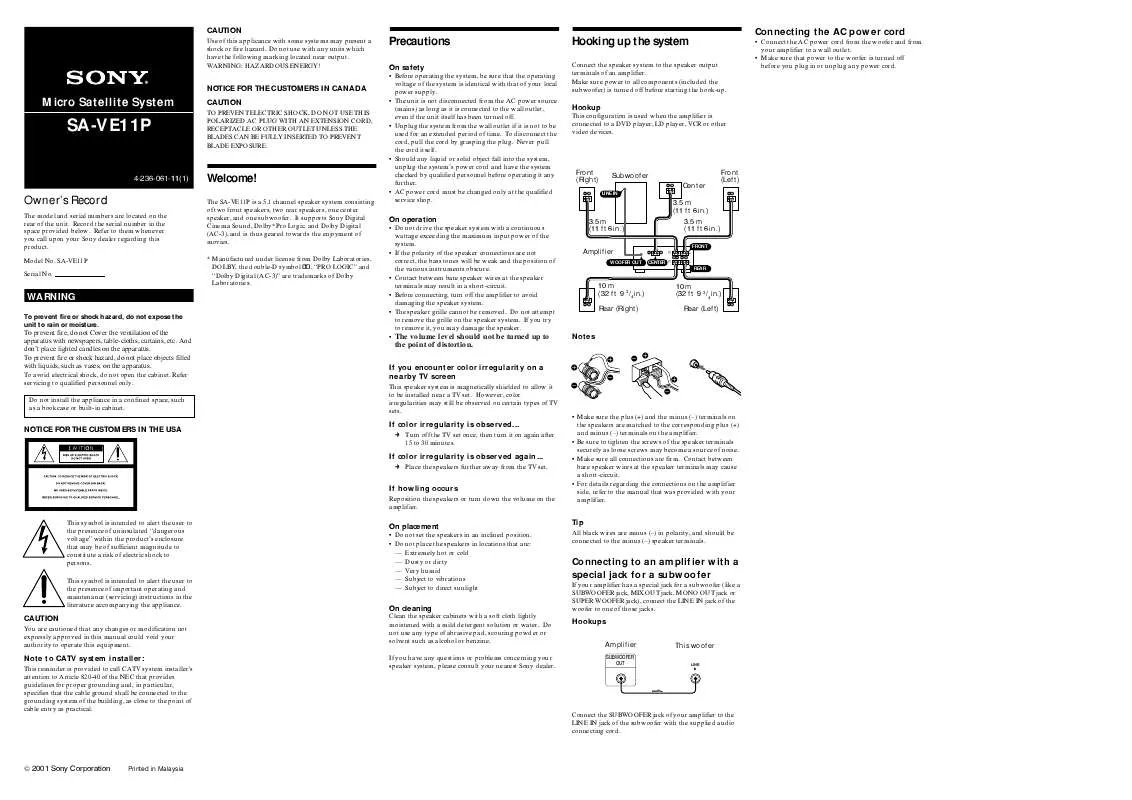 Mode d'emploi SONY SA-VE11P