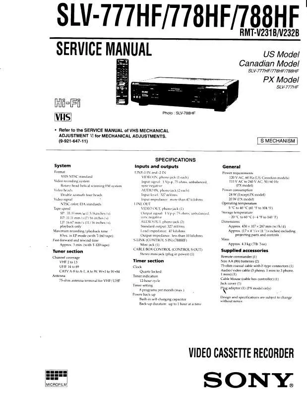 Mode d'emploi SONY SL-V777HF