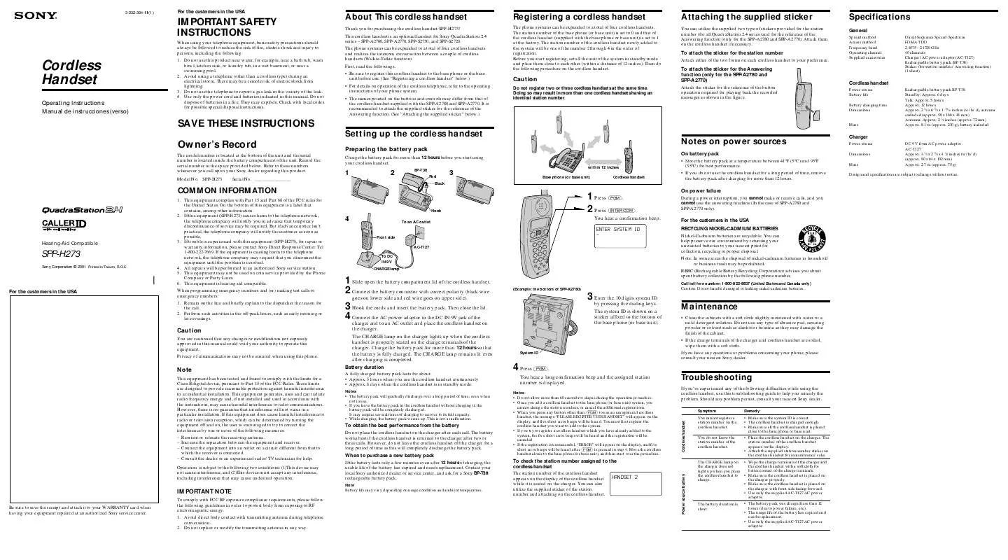 Mode d'emploi SONY SPP-H273