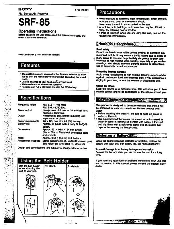 Mode d'emploi SONY SRF-85