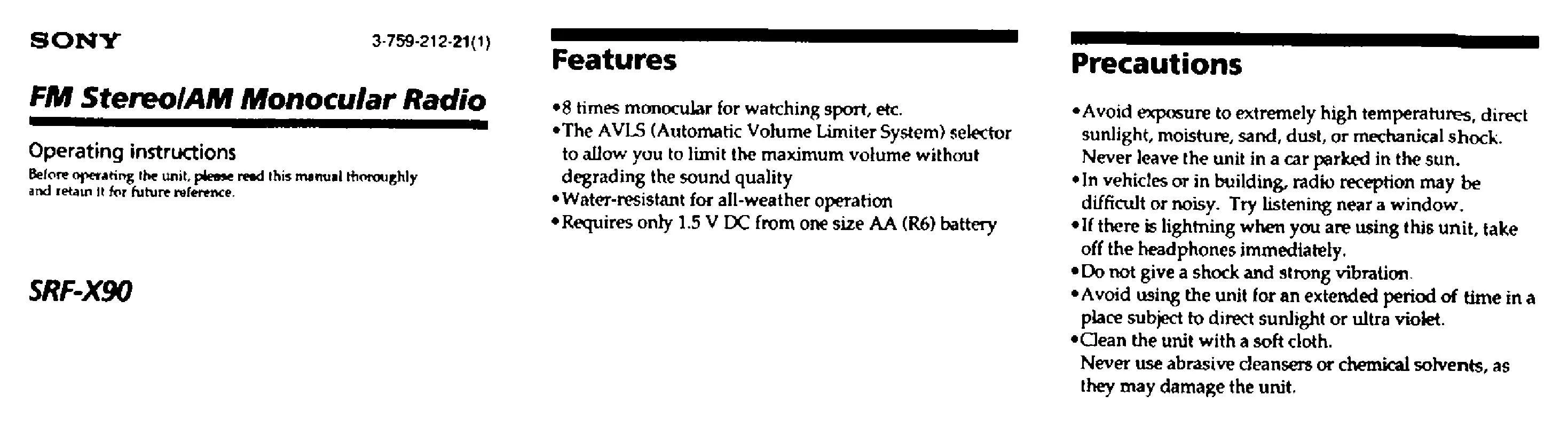 Mode d'emploi SONY SRF-X90