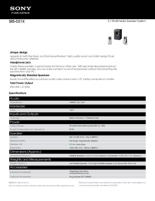 Mode d'emploi SONY SRS-D21X