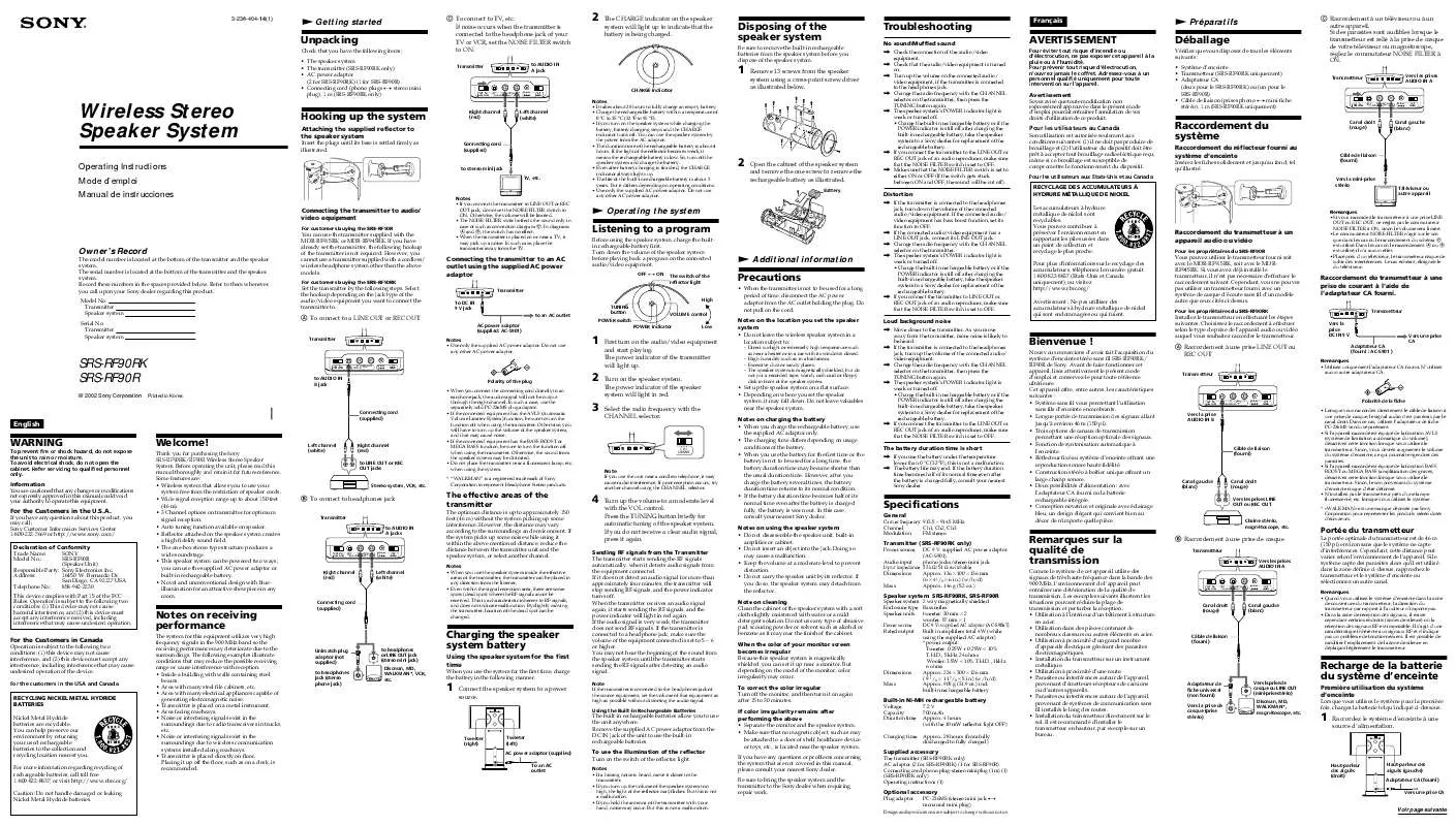 Mode d'emploi SONY SRS-RF90R