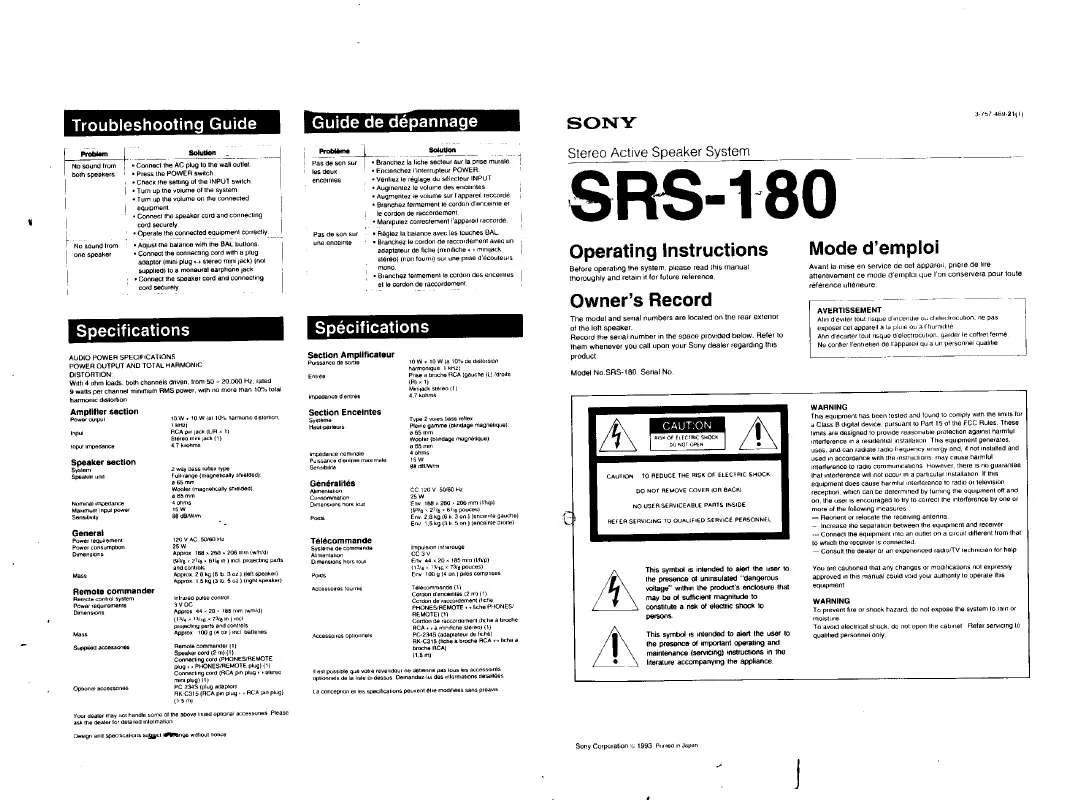 Mode d'emploi SONY SRS180