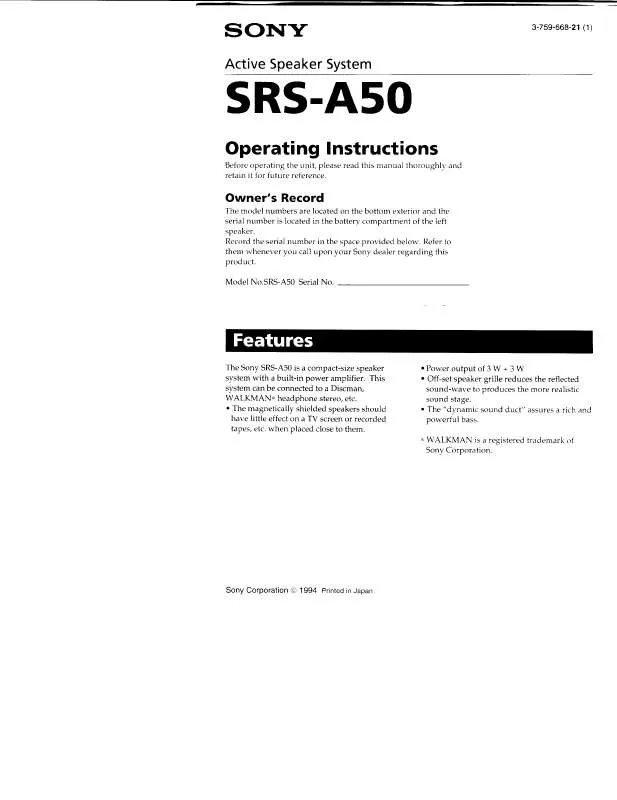 Mode d'emploi SONY SRSA50