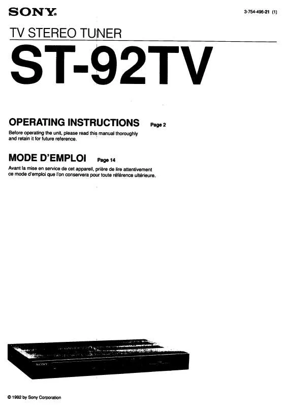 Mode d'emploi SONY ST-92TV