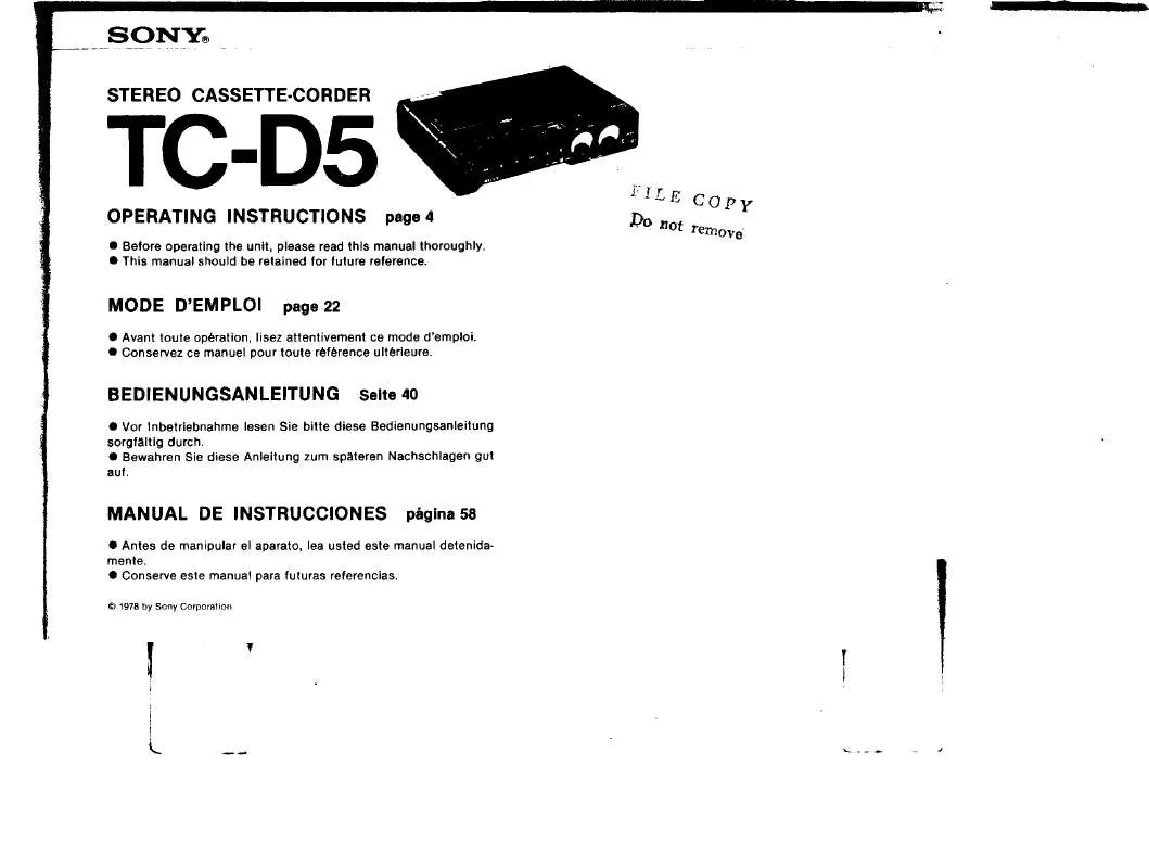 Mode d'emploi SONY TC-D5