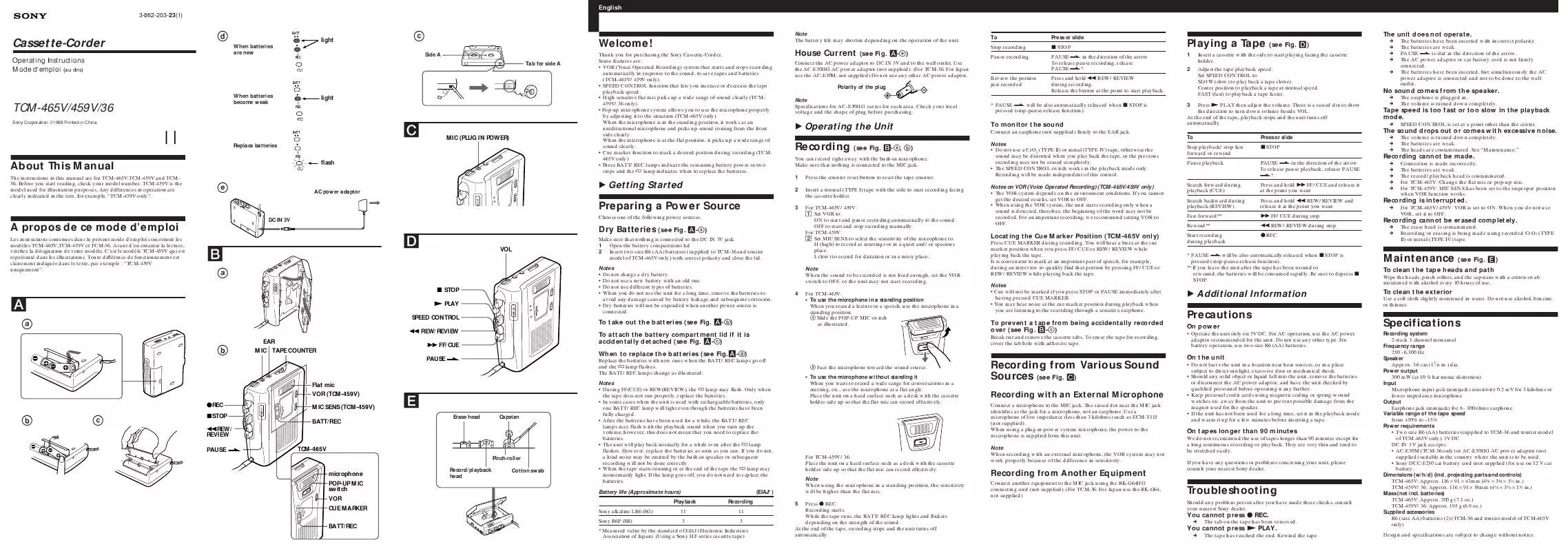 Mode d'emploi SONY TCM-36