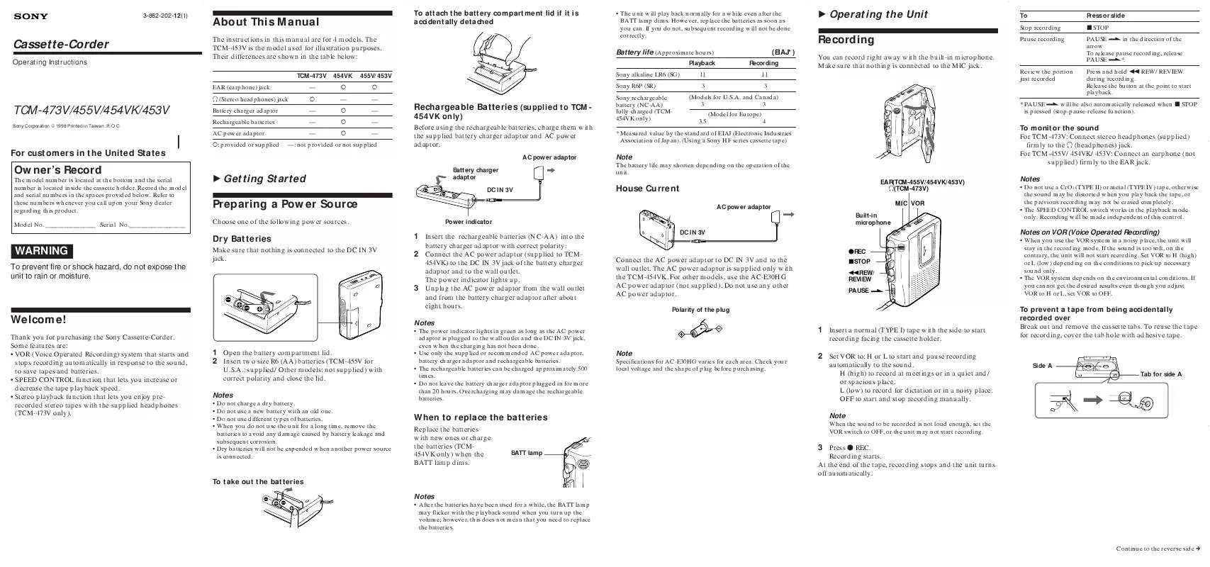 Mode d'emploi SONY TCM-454VK