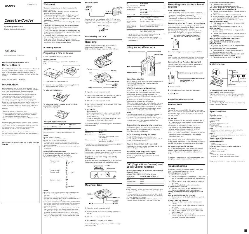 Mode d'emploi SONY TCM-AP5V