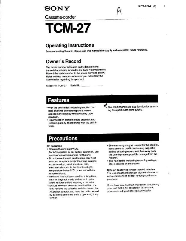 Mode d'emploi SONY TC-M27