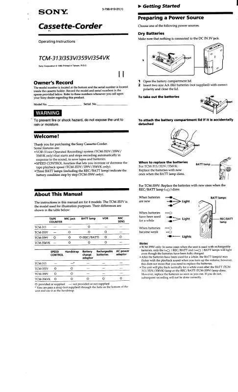 Mode d'emploi SONY TC-M313