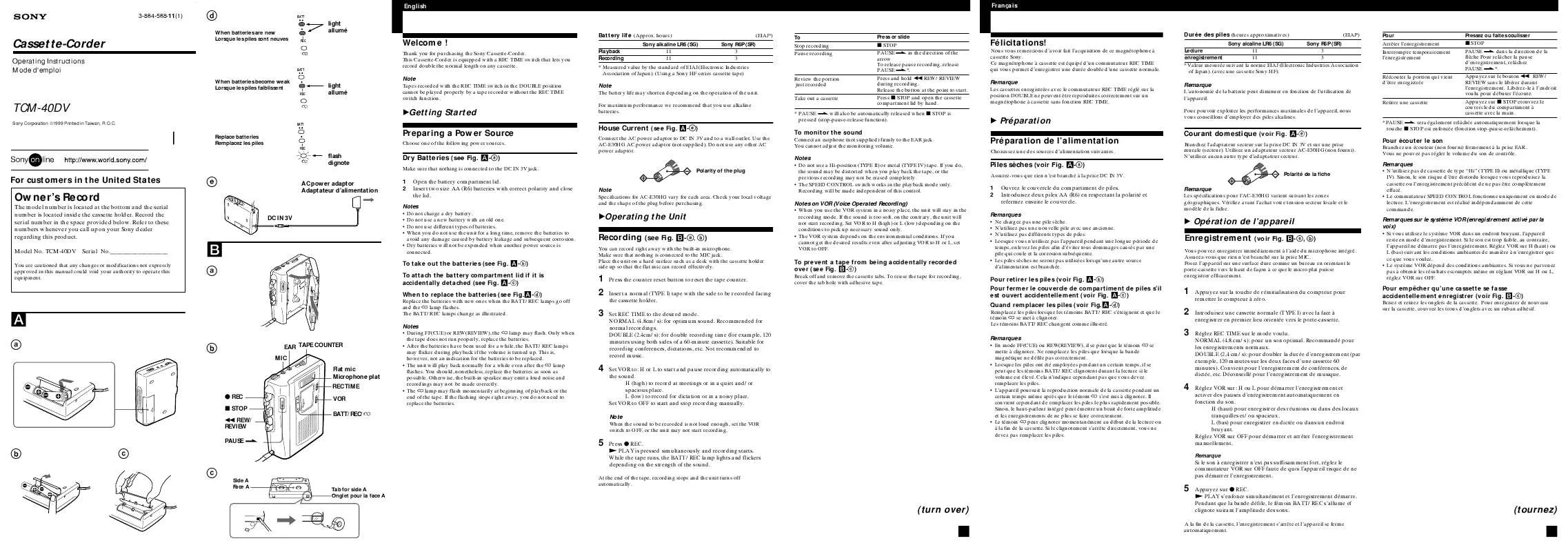 Mode d'emploi SONY TC-M40DV