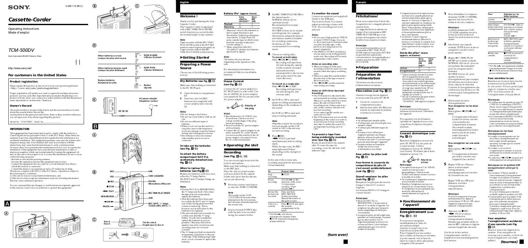 Mode d'emploi SONY TC-M500DV