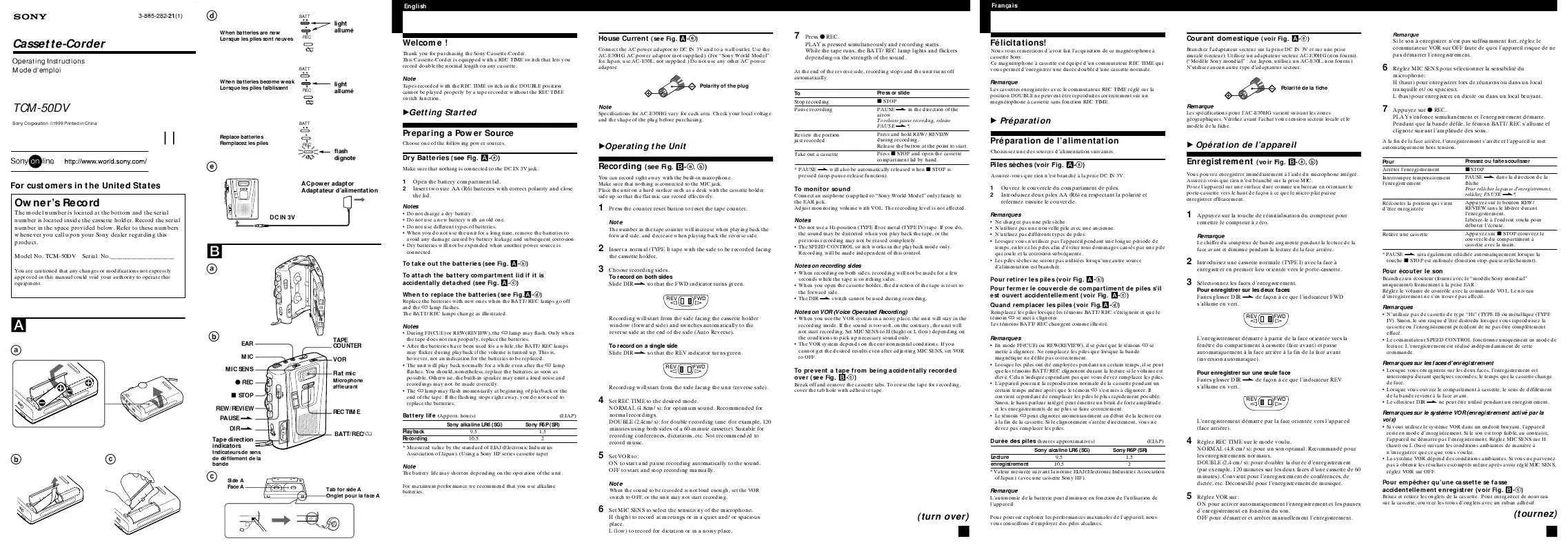 Mode d'emploi SONY TC-M50DV