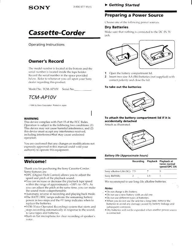 Mode d'emploi SONY TC-MAP10V