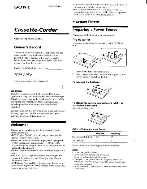 Mode d'emploi SONY TC-MAP5V