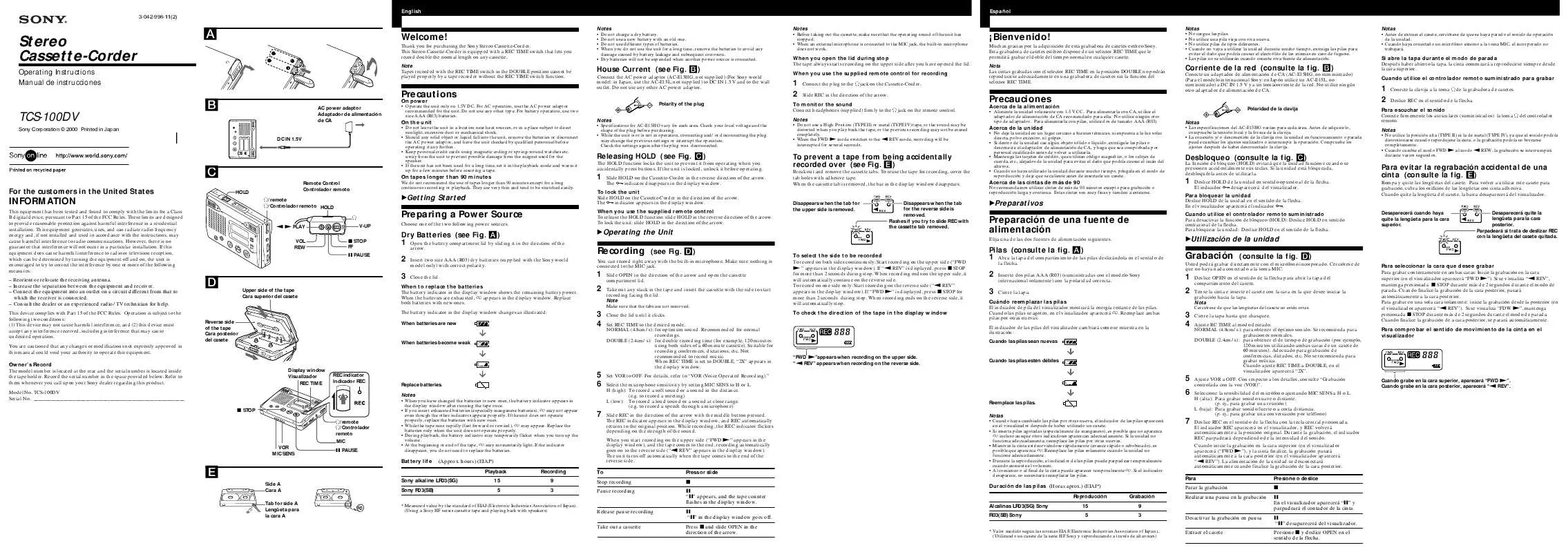 Mode d'emploi SONY TC-S100DV