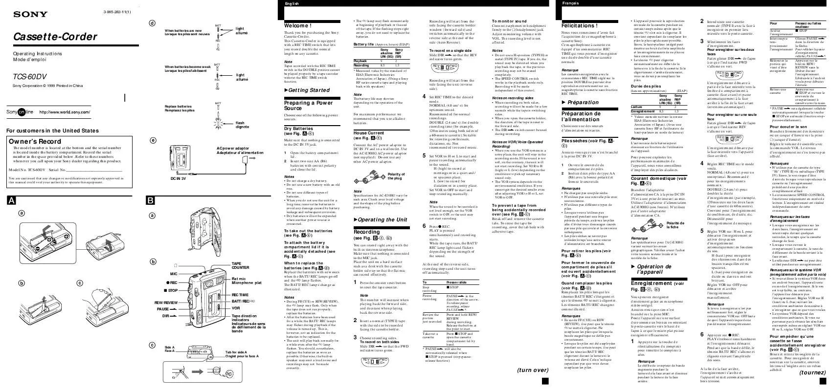 Mode d'emploi SONY TC-S60DV