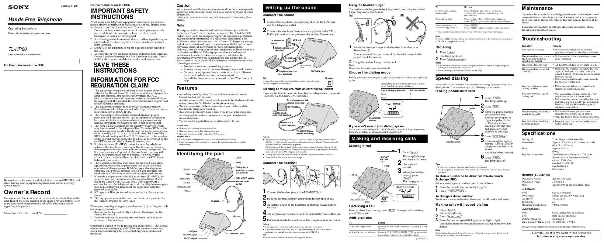 Mode d'emploi SONY TLHP90