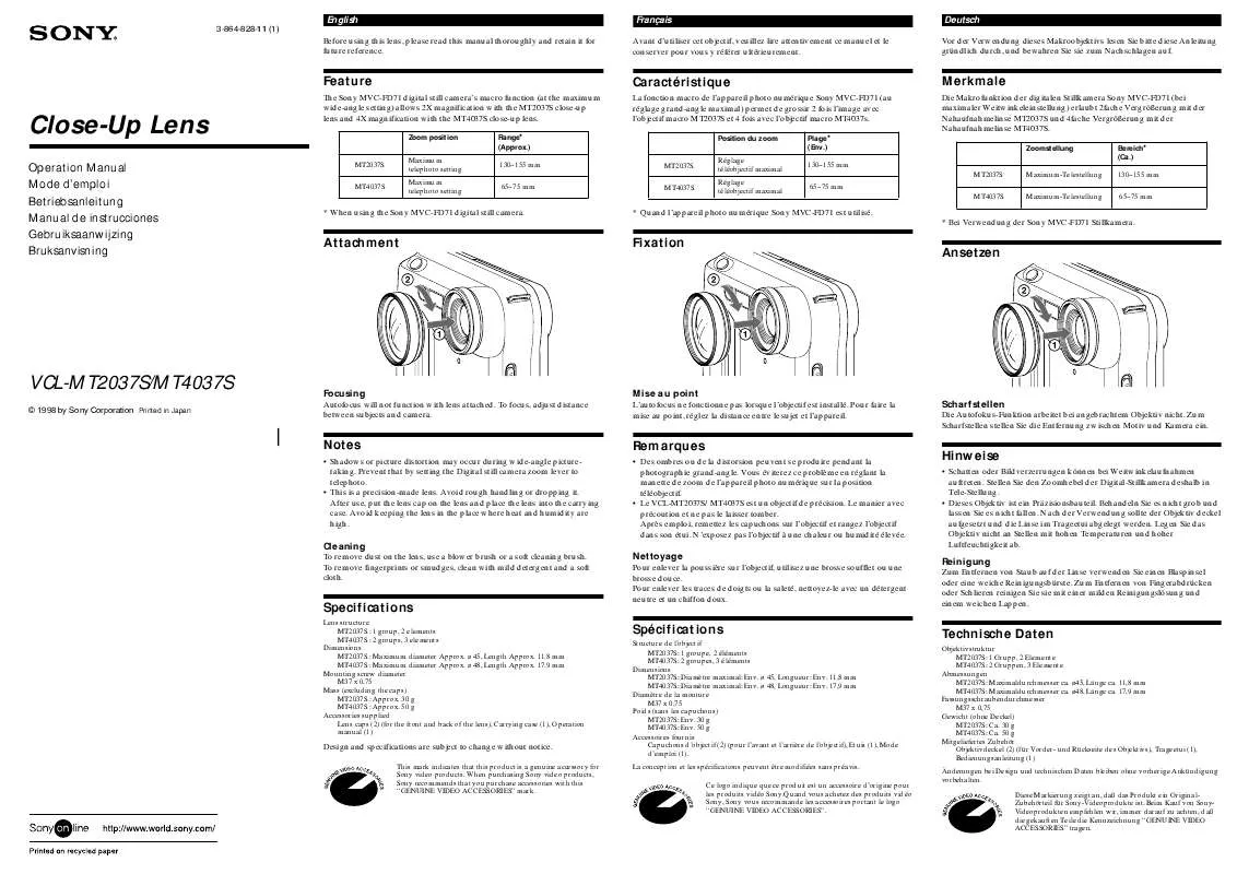 Mode d'emploi SONY VCL-MT4037S