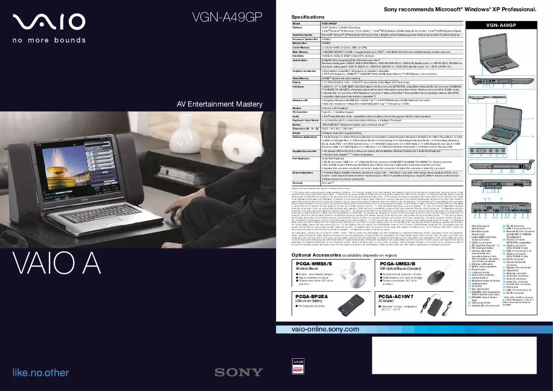 Mode d'emploi SONY VAIO VGN-A49GP