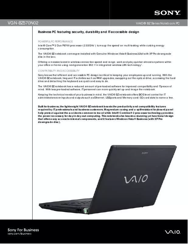 Mode d'emploi SONY VAIO VGN-BZ570N02