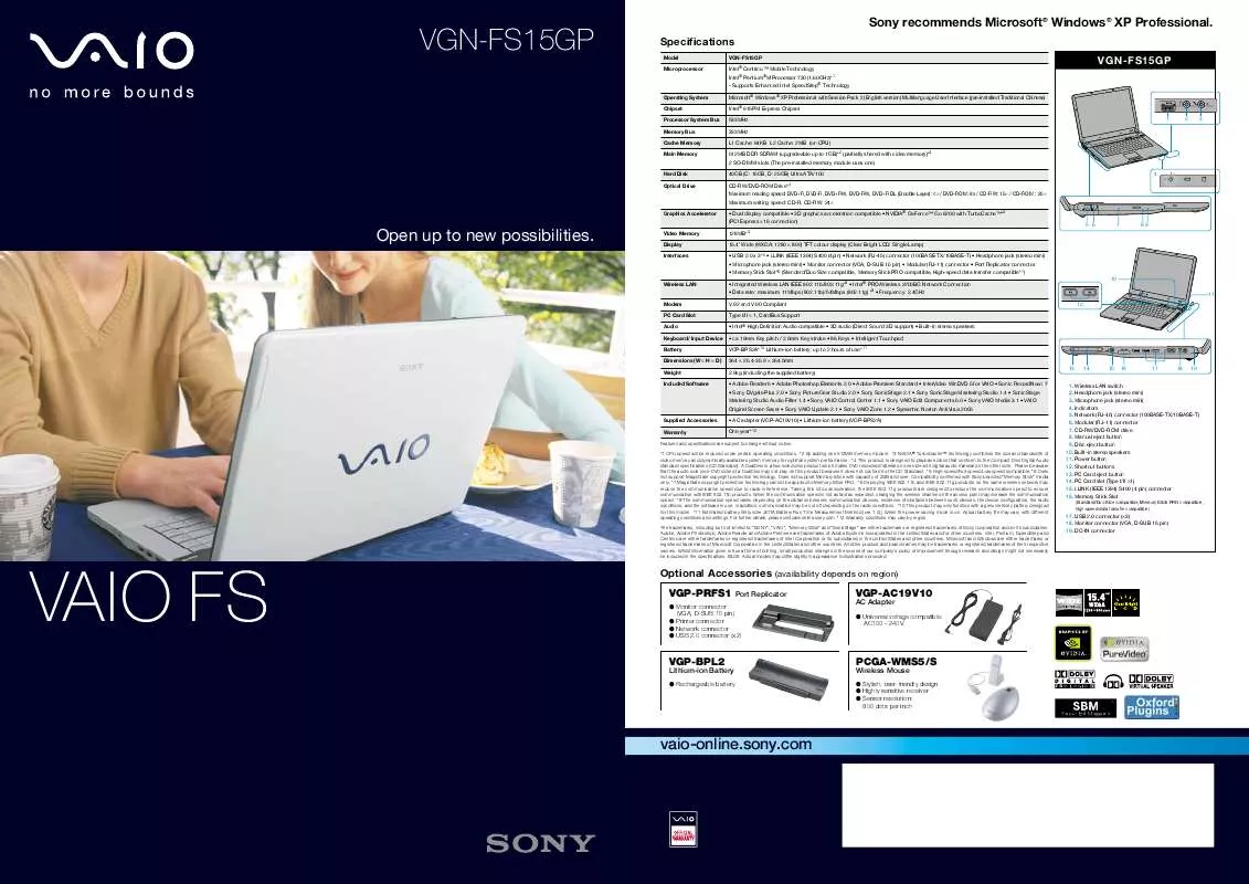 Mode d'emploi SONY VAIO VGN-FS15GP