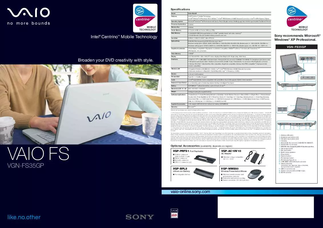 Mode d'emploi SONY VAIO VGN-FS35GP