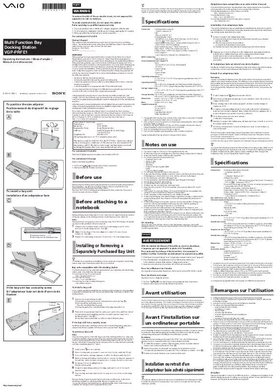 Mode d'emploi SONY VGP-PRFE1