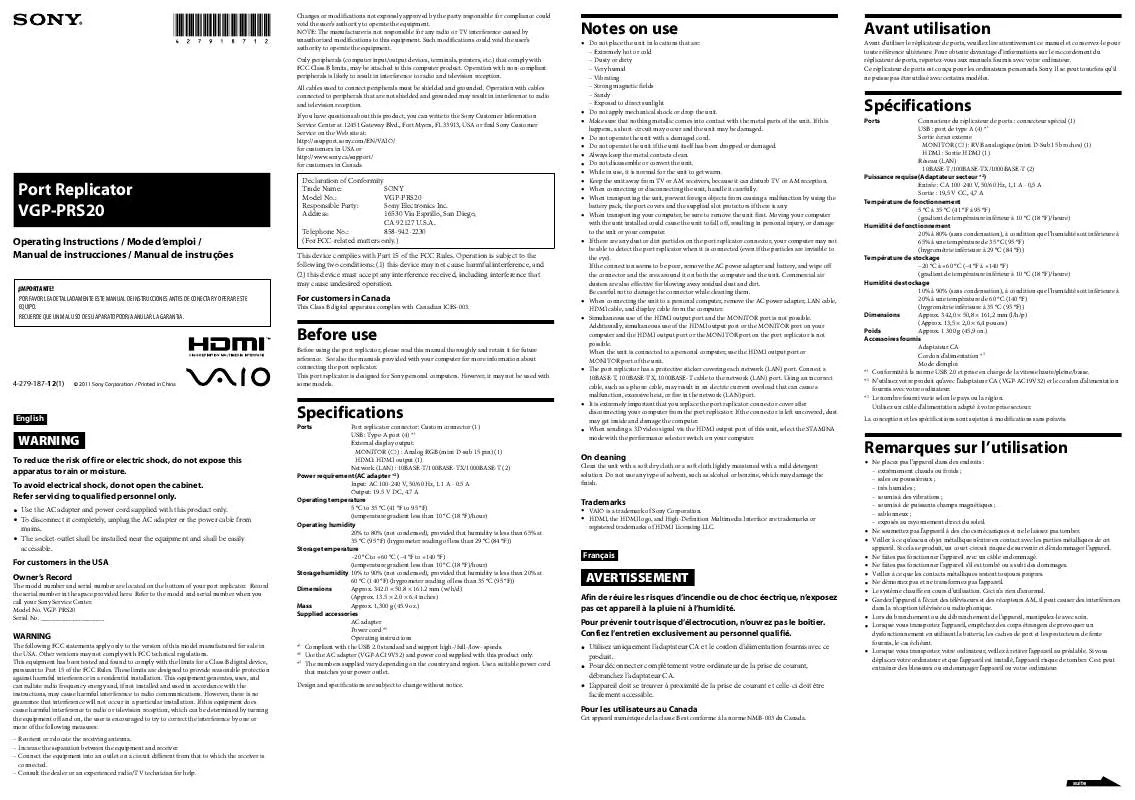 Mode d'emploi SONY VGPPRS20