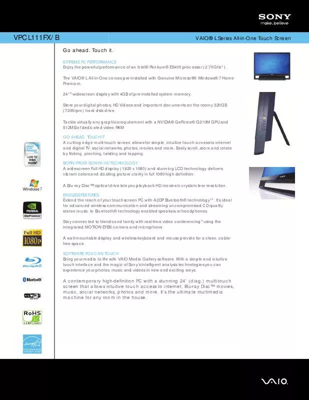 Mode d'emploi SONY VAIO VPC-L111FX/B