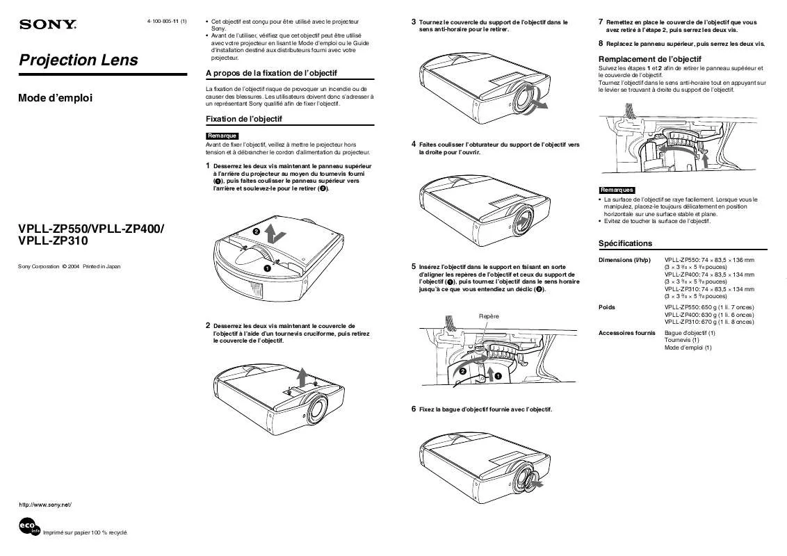 Mode d'emploi SONY VPLL-ZP550