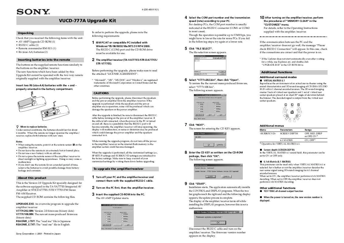 Mode d'emploi SONY VUCD777A