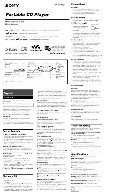 Mode d'emploi SONY WALKMAN D-EJ001