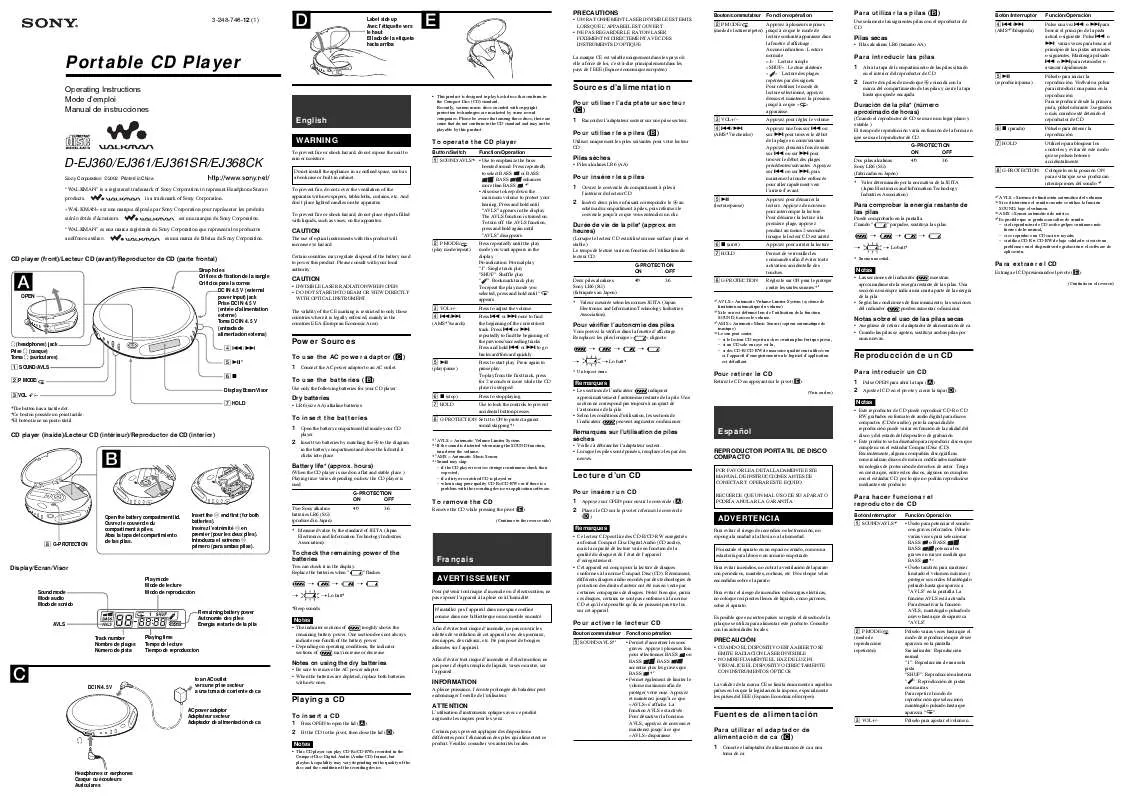 Mode d'emploi SONY WALKMAN D-EJ360