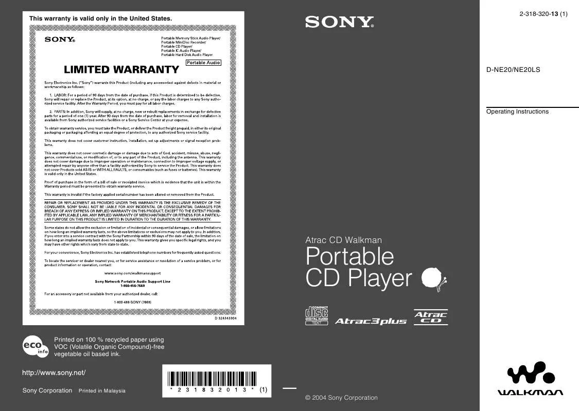 Mode d'emploi SONY WALKMAN D-NE20