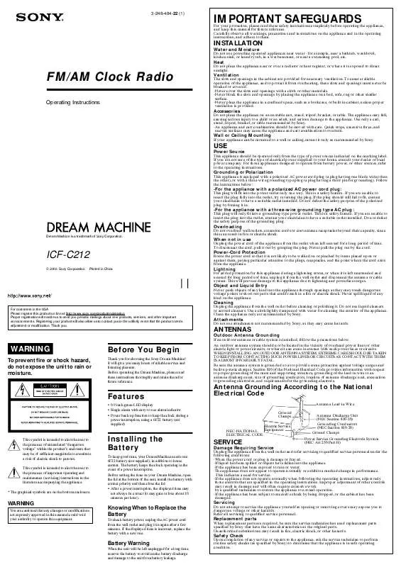 Mode d'emploi SONY WALKMAN ICF-C212