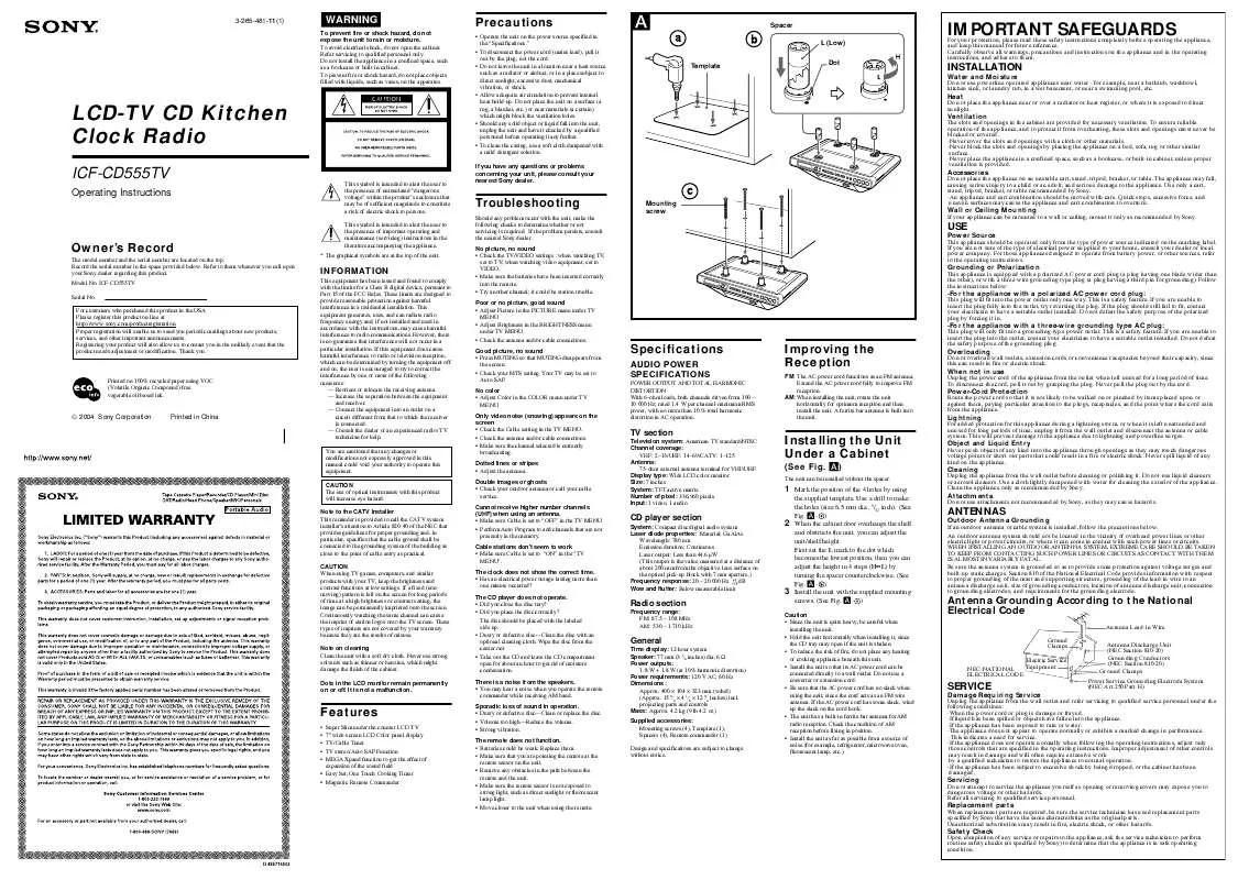 Mode d'emploi SONY WALKMAN ICF-CD555TV