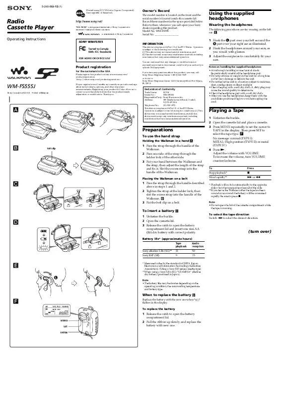 Mode d'emploi SONY WALKMAN WM-FS555J