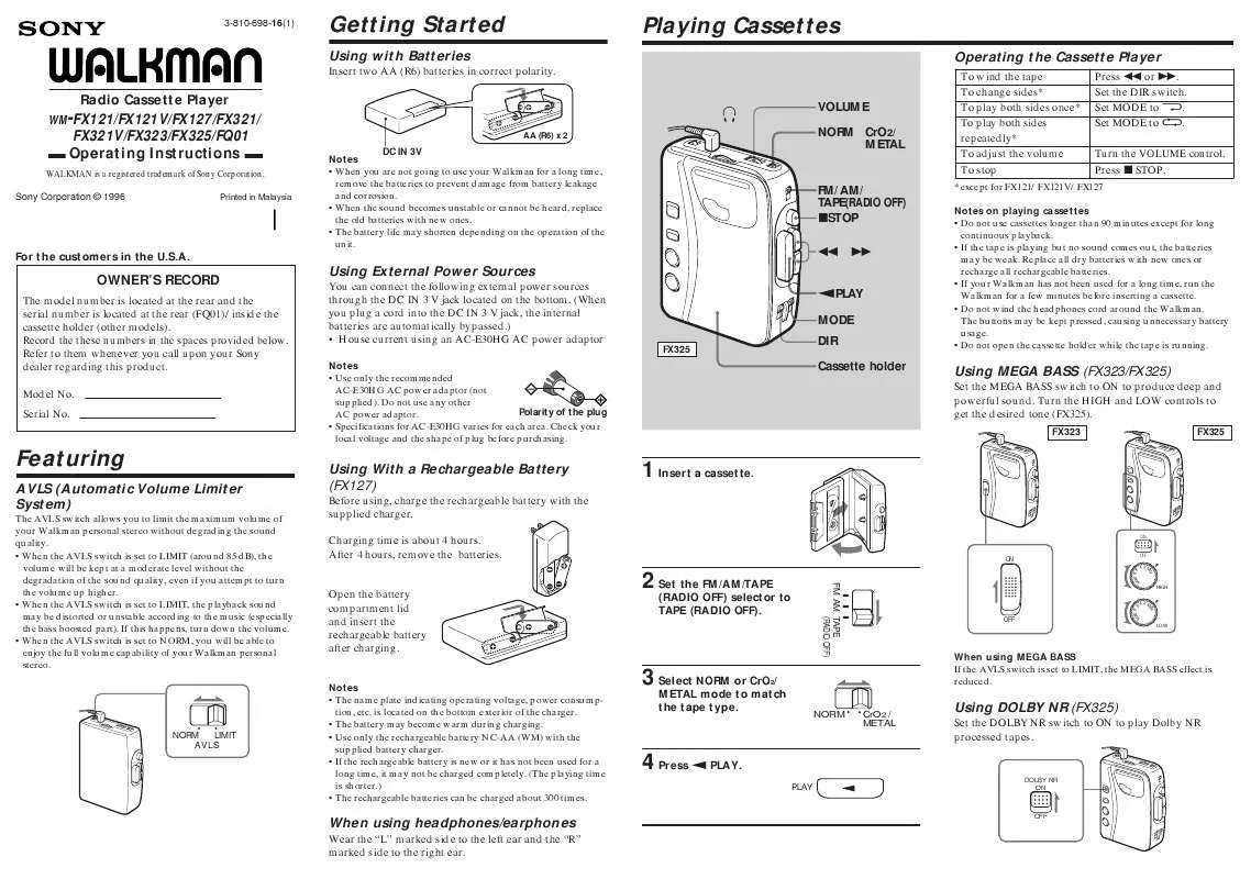 Mode d'emploi SONY WM-FX127