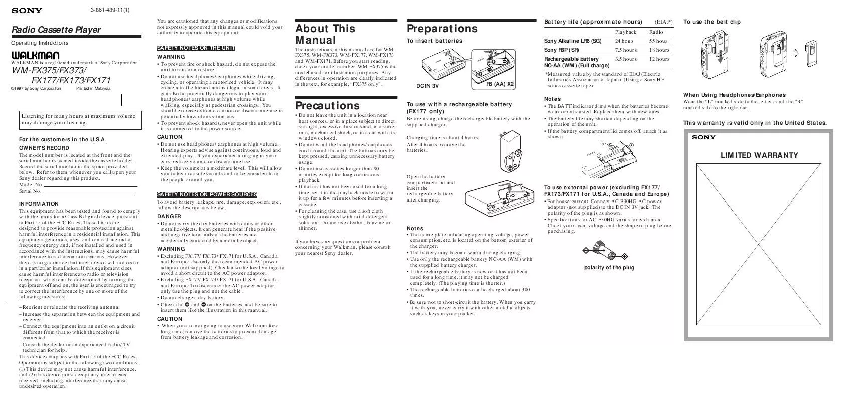 Mode d'emploi SONY WM-FX171