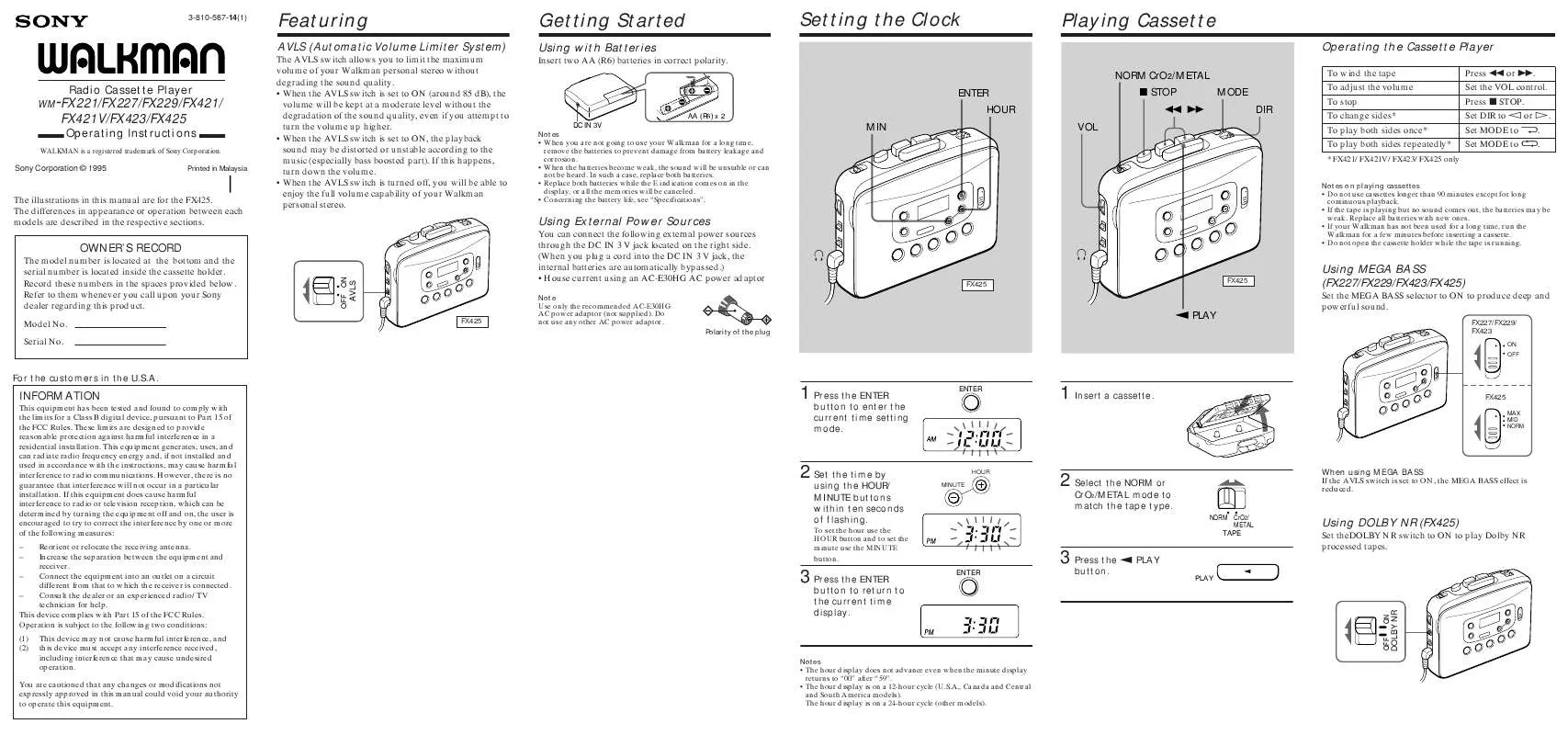 Mode d'emploi SONY WM-FX229