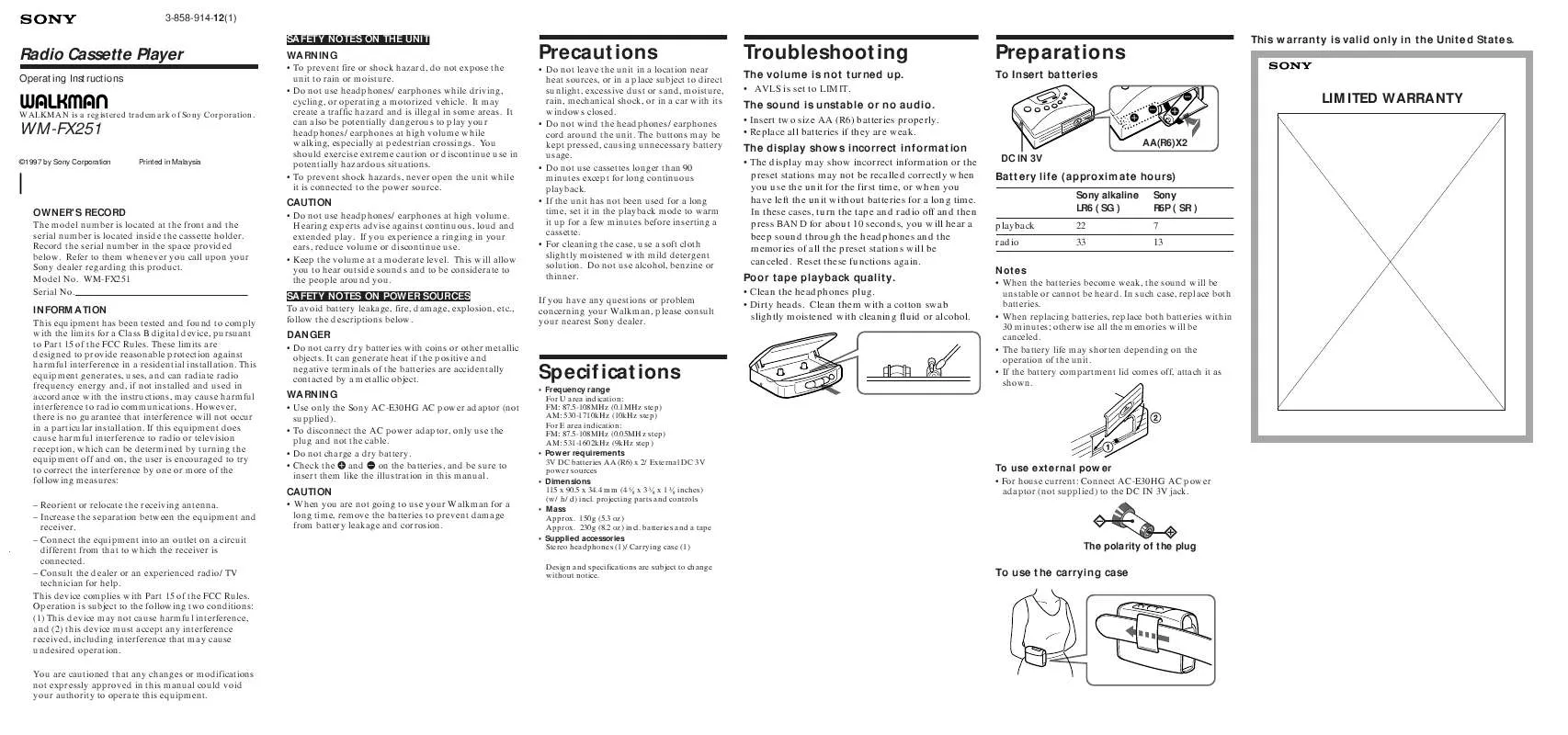 Mode d'emploi SONY WM-FX251