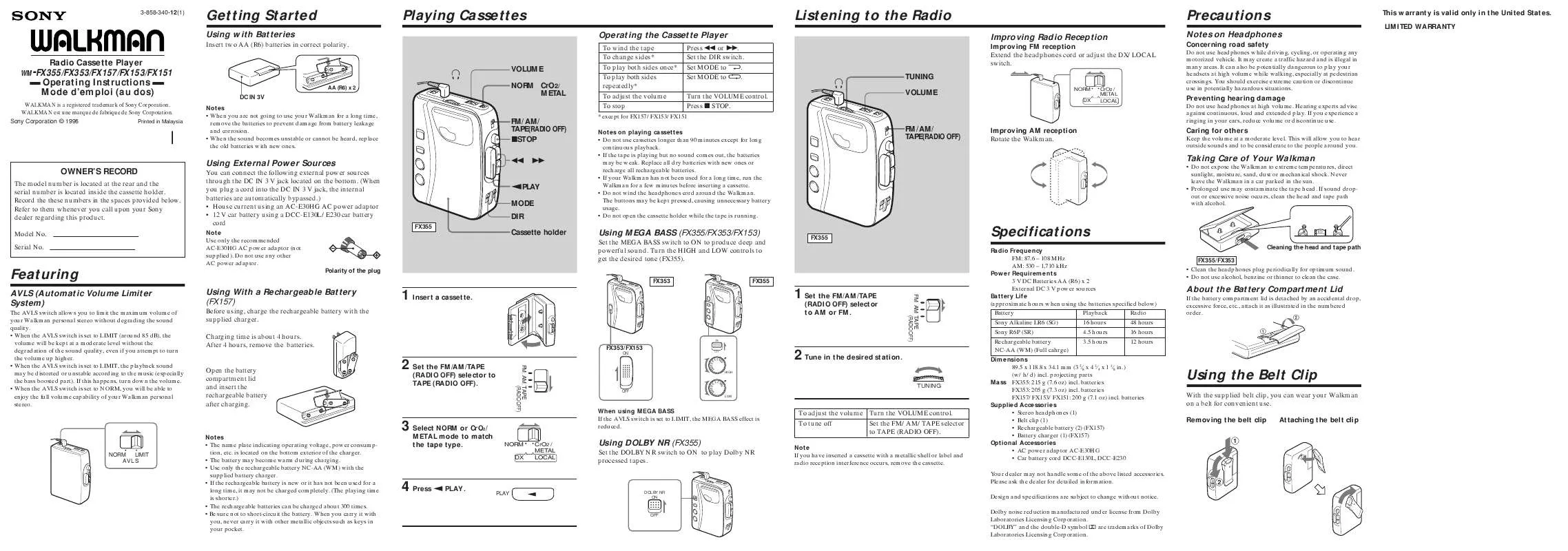 Mode d'emploi SONY WM-FX353