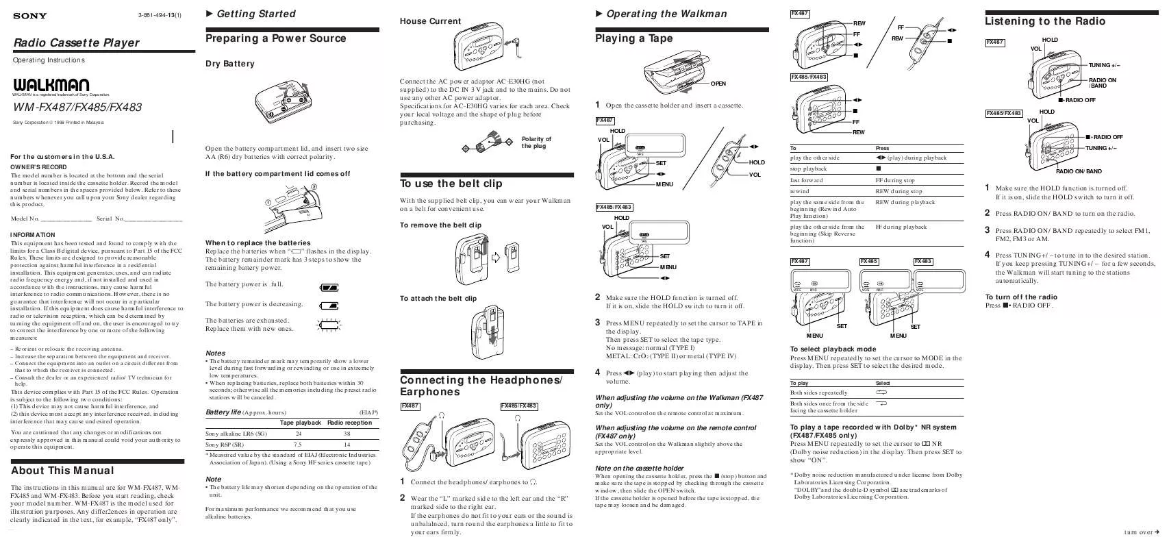 Mode d'emploi SONY WM-FX487