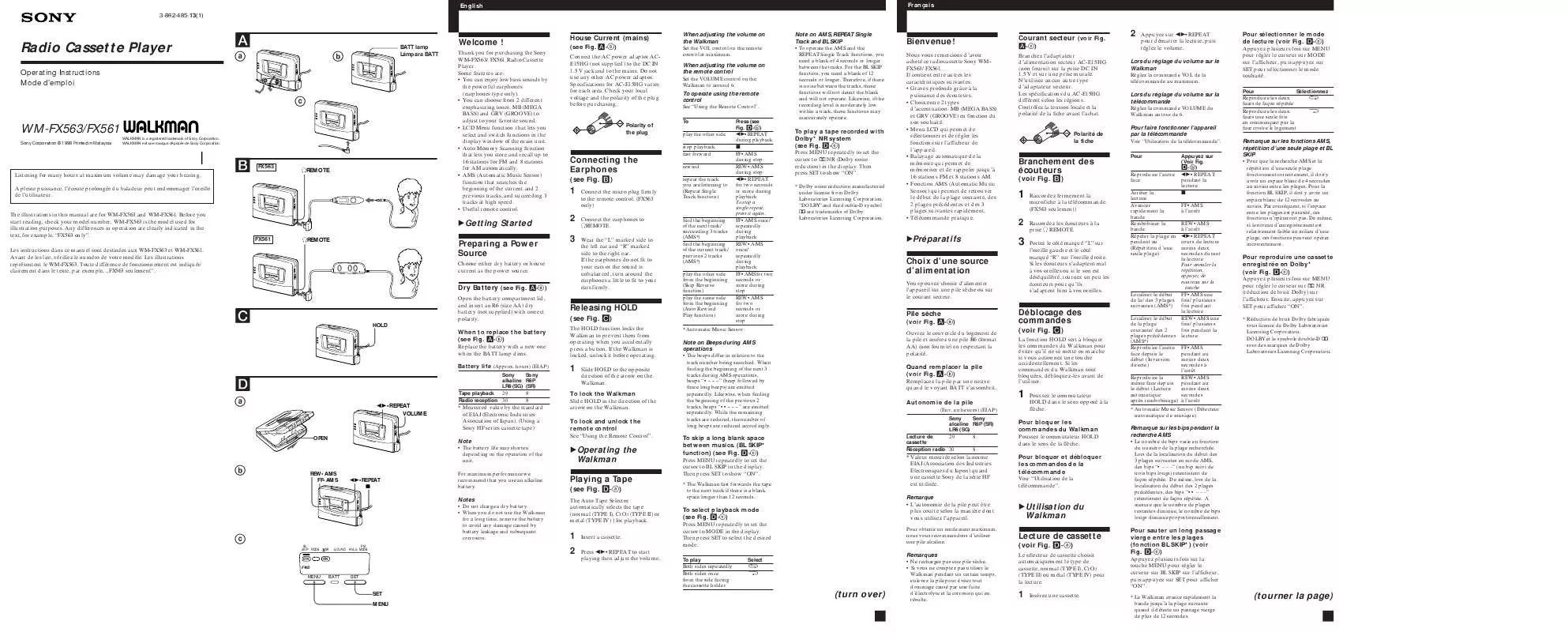 Mode d'emploi SONY WM-FX561