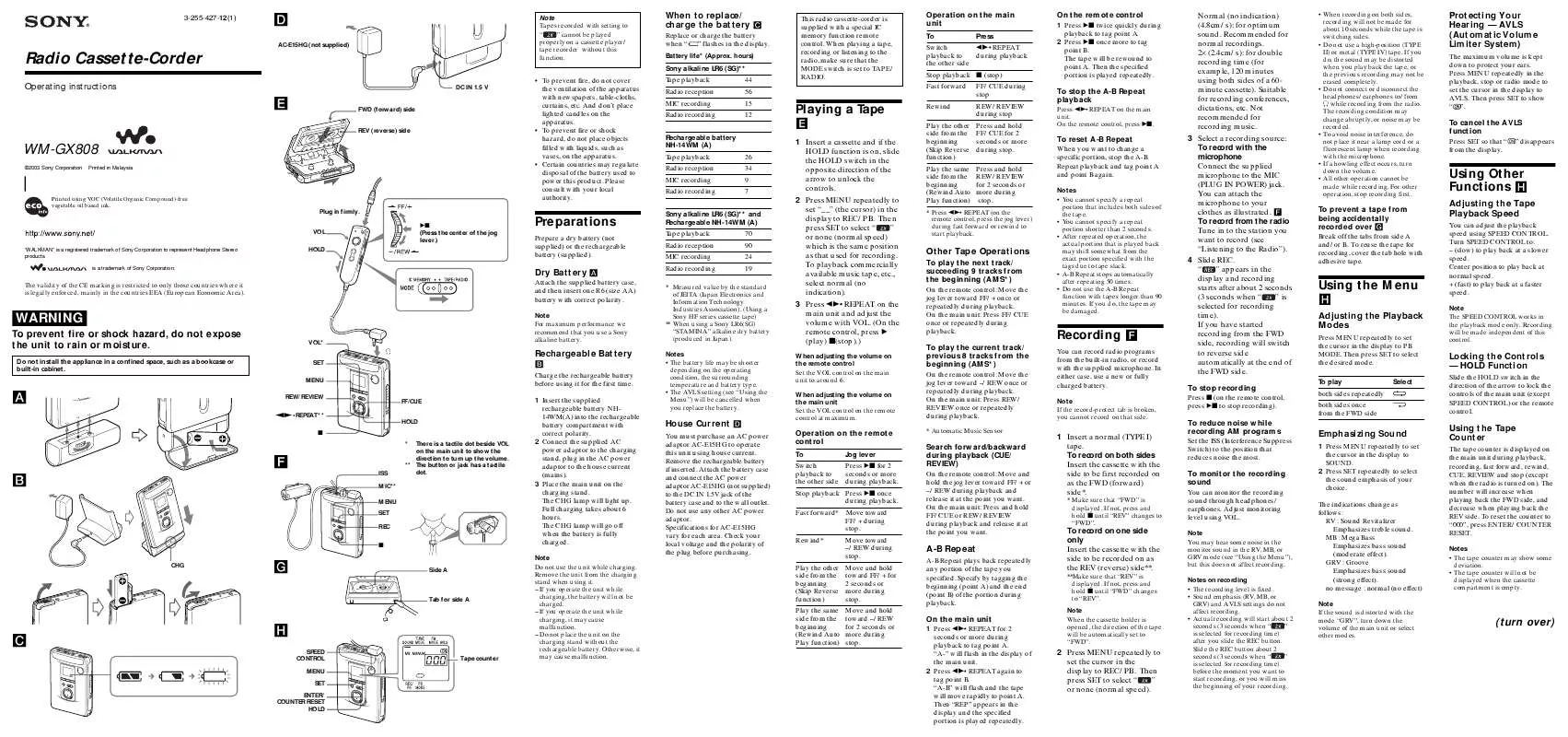 Mode d'emploi SONY WM-GX808